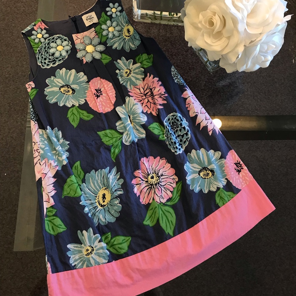 Mini Boden Girl’s Blue Pink Floral Jewel Dress 5-6
